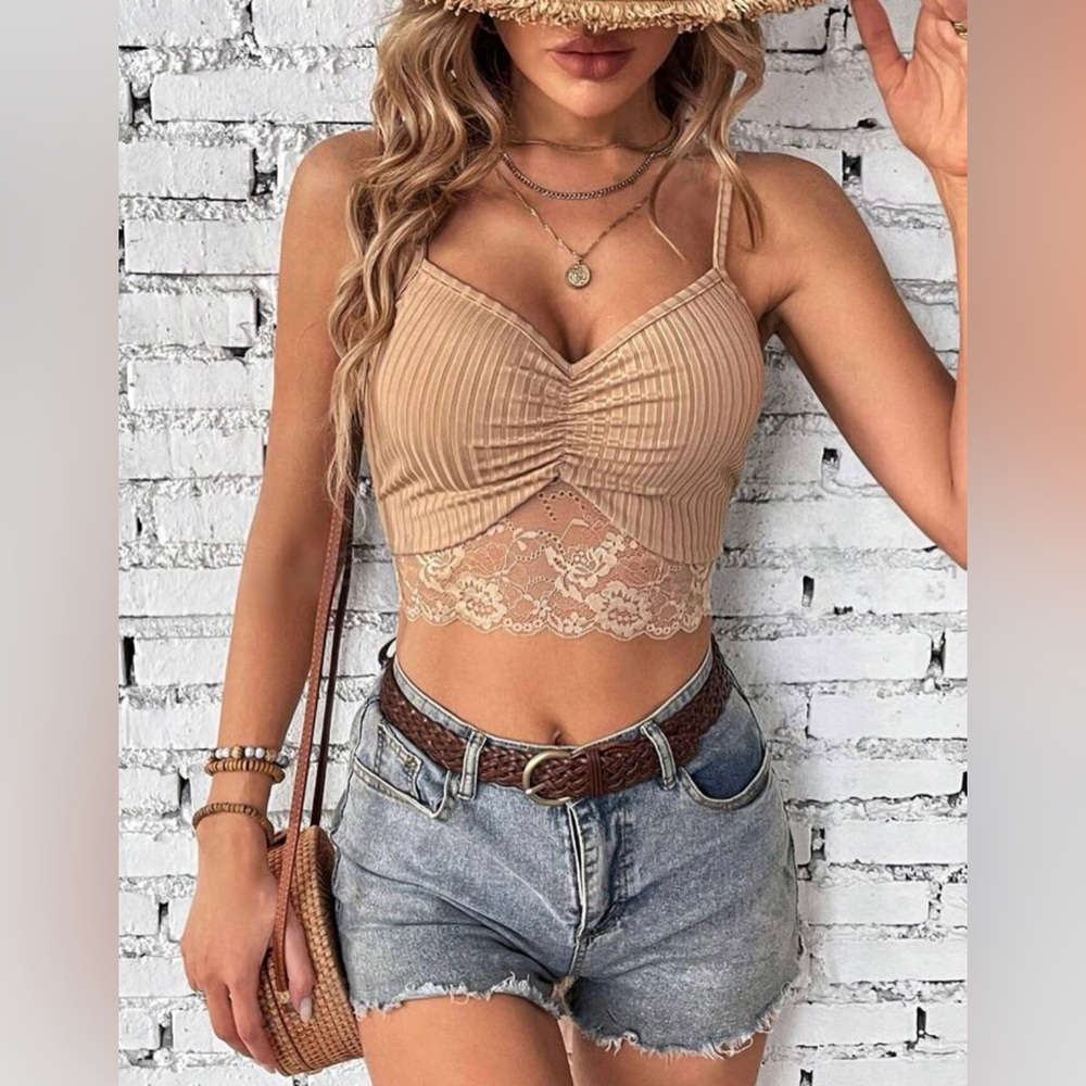 Solid Color Rib-Knit Bust Pleated Lace Splice Cropped Cami Top With Straps
